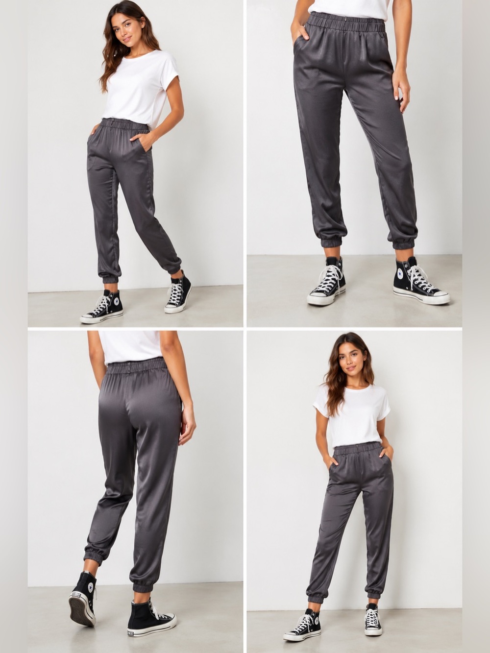 ANIMARI Charcoal Satin Feel Jogger Pants Quiet Luxury Lounge Resort Chic Sporty - Picture 4 of 15